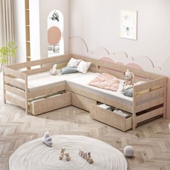 L-shaped Platform Bed Frames with Storage Drawers Solid Wood Twin Bed Corner Bed