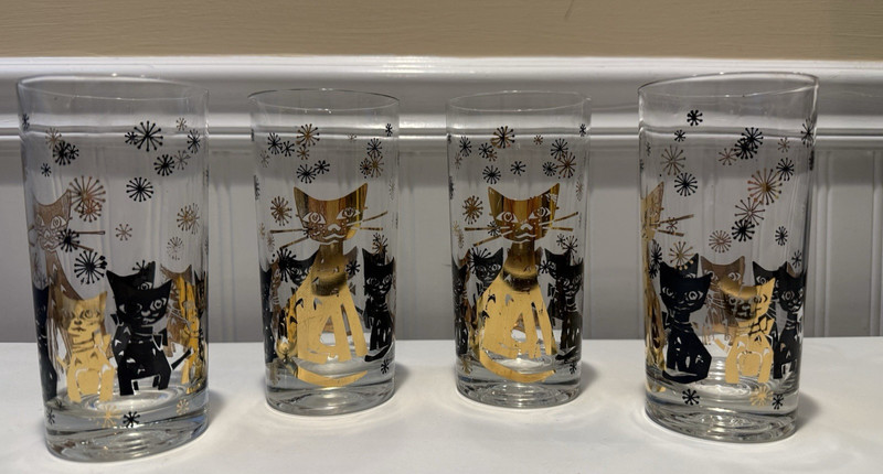 *4* MCM ATOMIC GOLD LEAF & BLACK STYLIZED CATS*KITTENS*STARS HIGHBALL GLASSES gallery