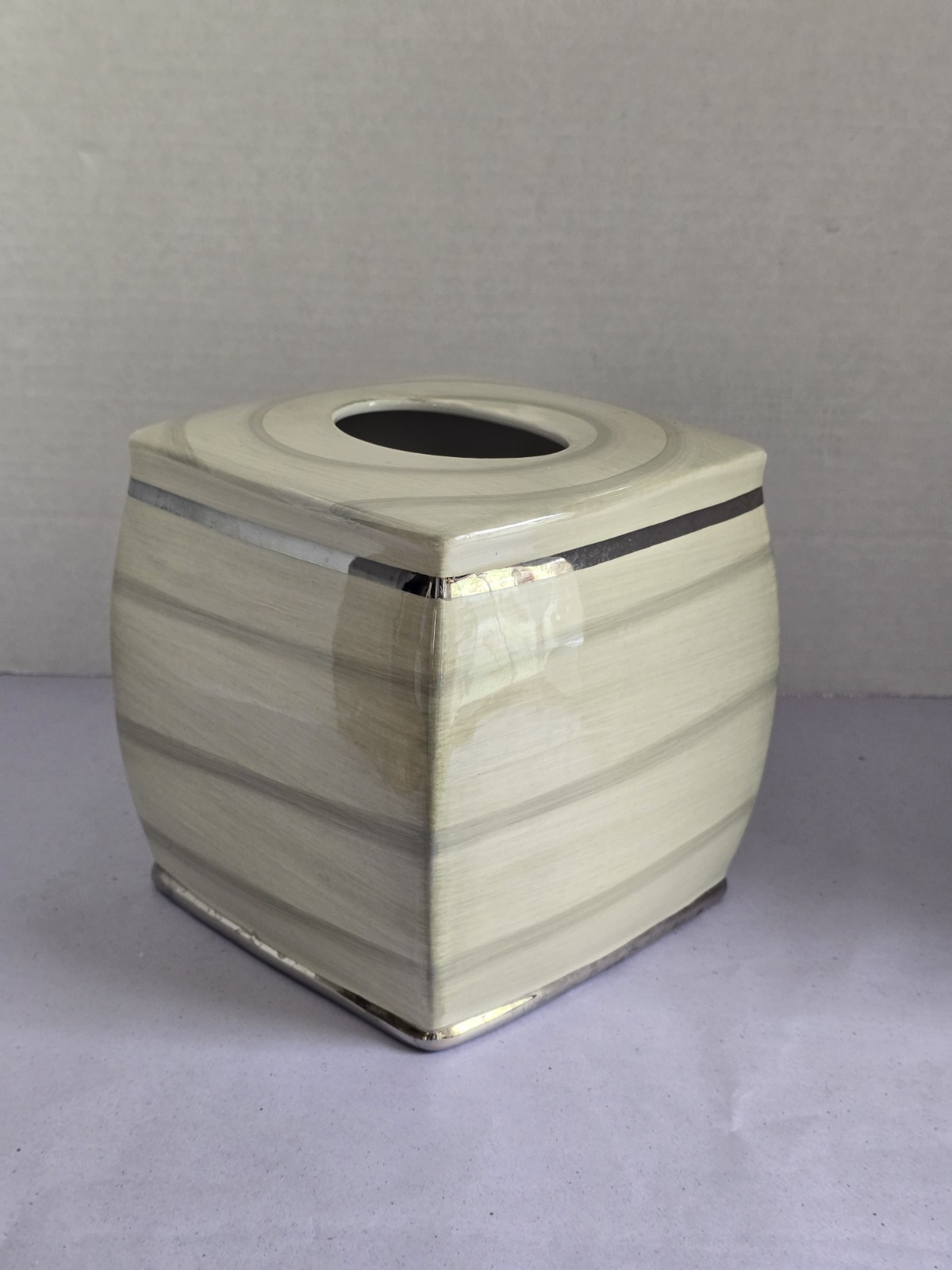 Ceramic Tissue Box Cover Sage Green and Silver Nicole Miller New York gallery