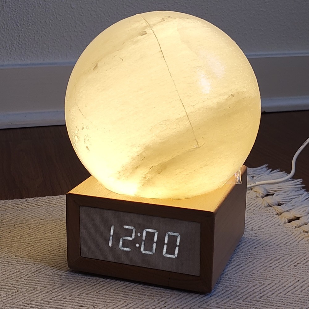 Rise Centered Sunrise Alarm Clock White & Beech Wood Pink Himalayan Salt Sphere