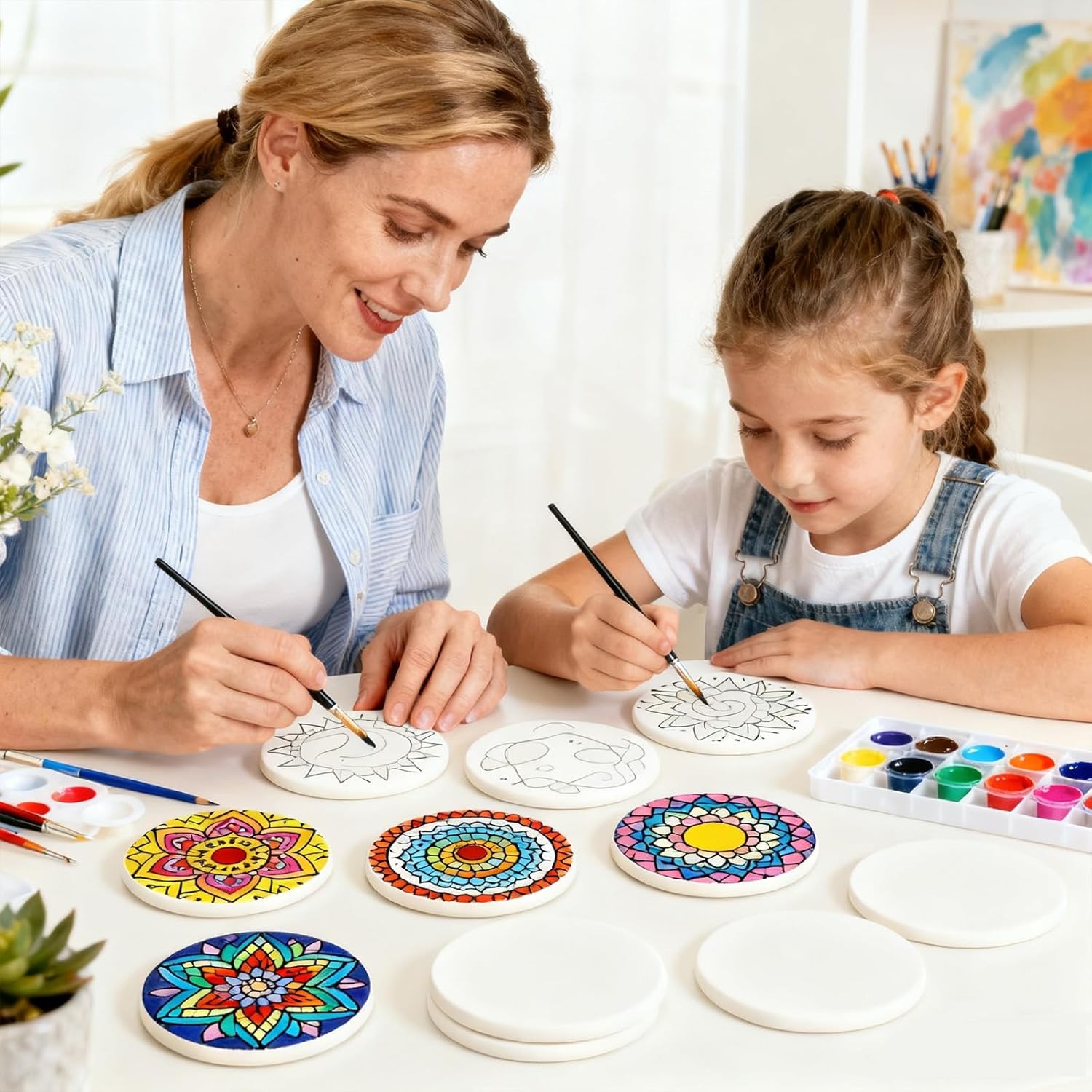 24 Pcs Round Ceramic Tiles for Crafts 4x4 inches，Equipped with self Adhesive C gallery