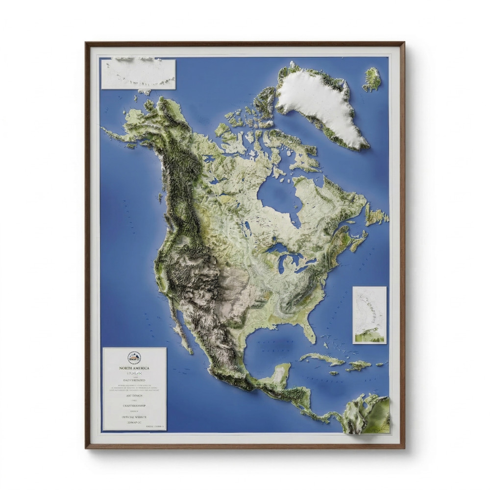 Real 3D raised relief map of North America - with touchable mountain peaks.