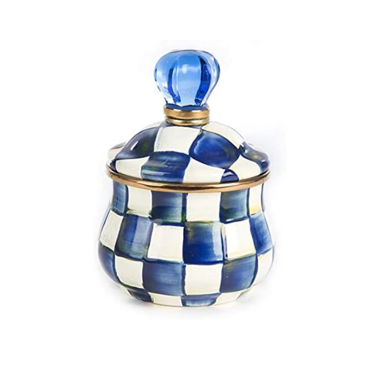 MacKenzie-Childs Royal Check Sugar Bowl with Lid Enamelware Blue White 10 oz gallery