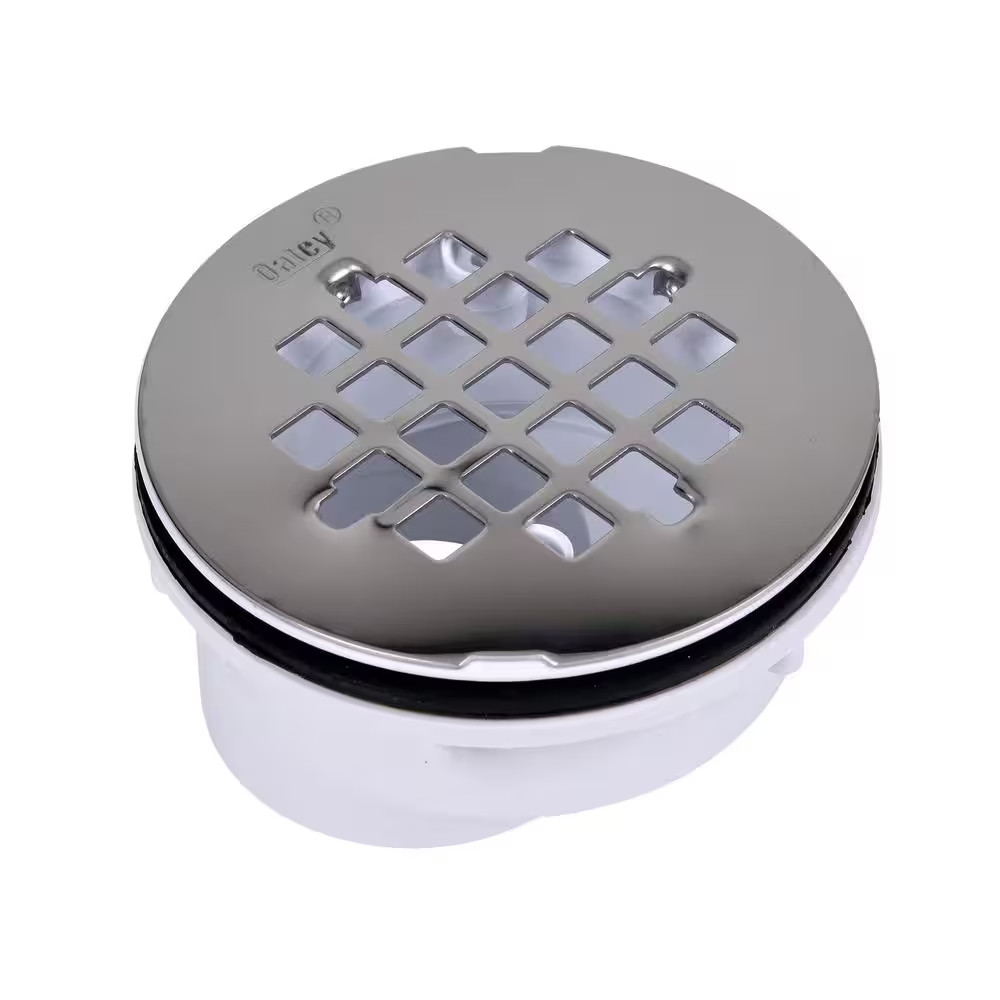Round Offset White PVC Shower Drain with 4-1/4 In. round Snap-In Stainless Steel gallery