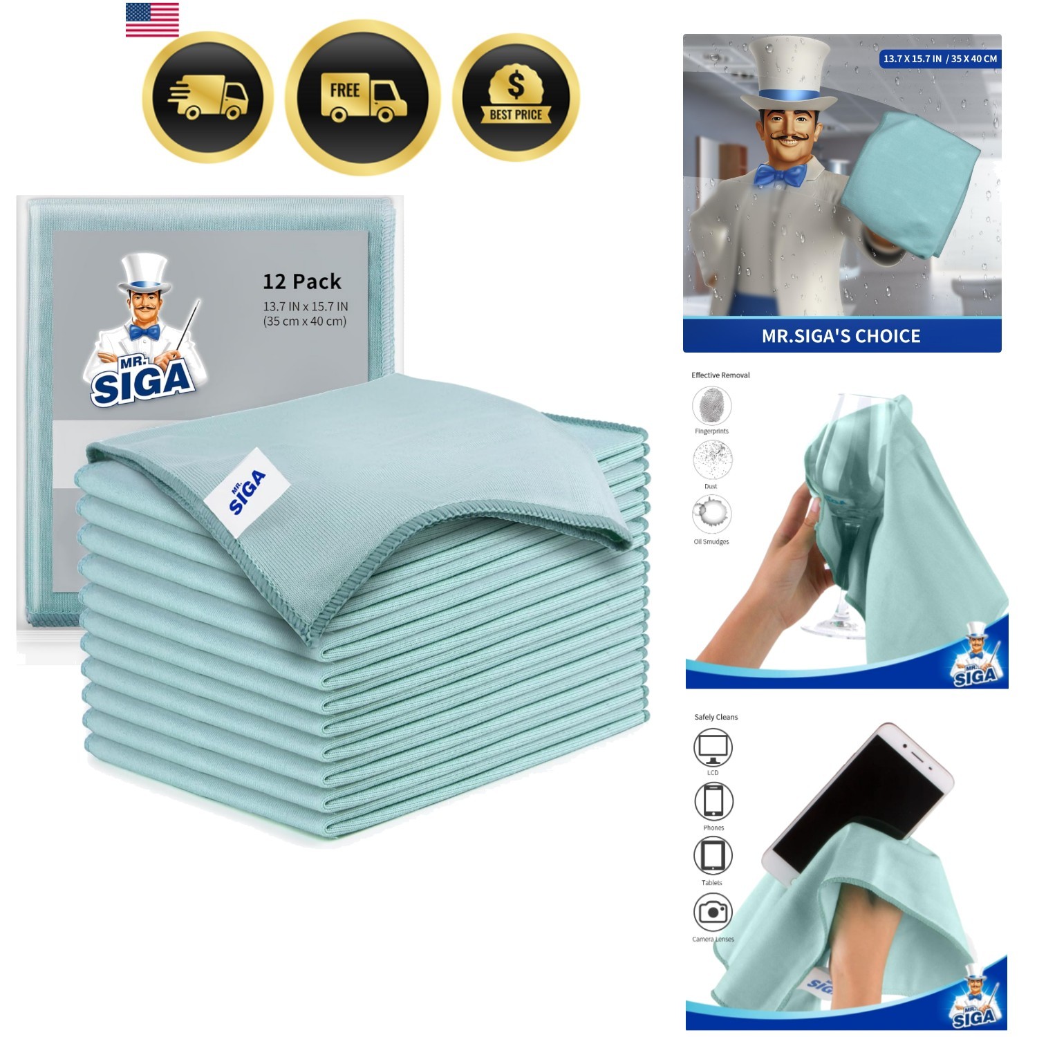 Ultra Fine Microfiber Cloths for Glass, Pack of 12, 35 x 40cm 13.7" x 15.7" gallery