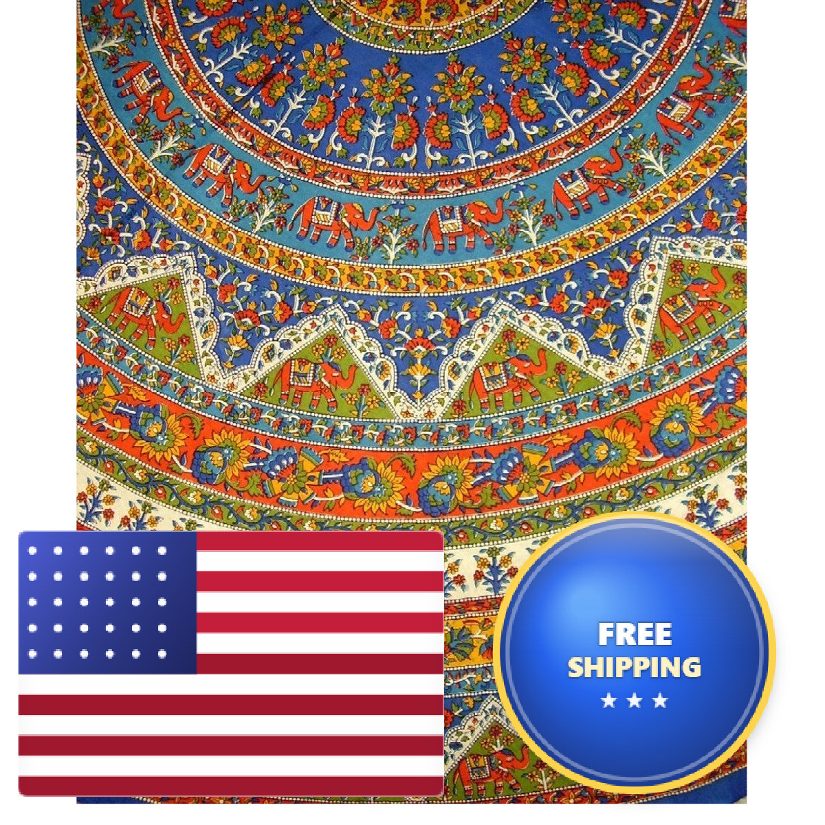 India Arts Indian Mandala Print Round Cotton Tablecloth 76 Blue gallery