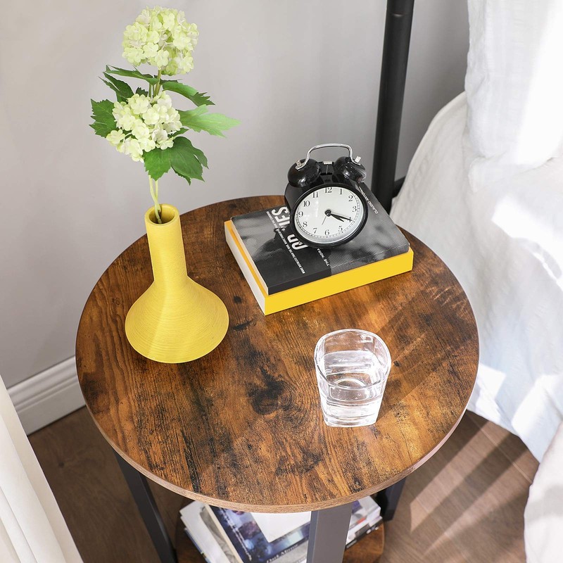 Rustic Brown Black 2 Tier Round Side End Bedside Table Storage ULET57X gallery