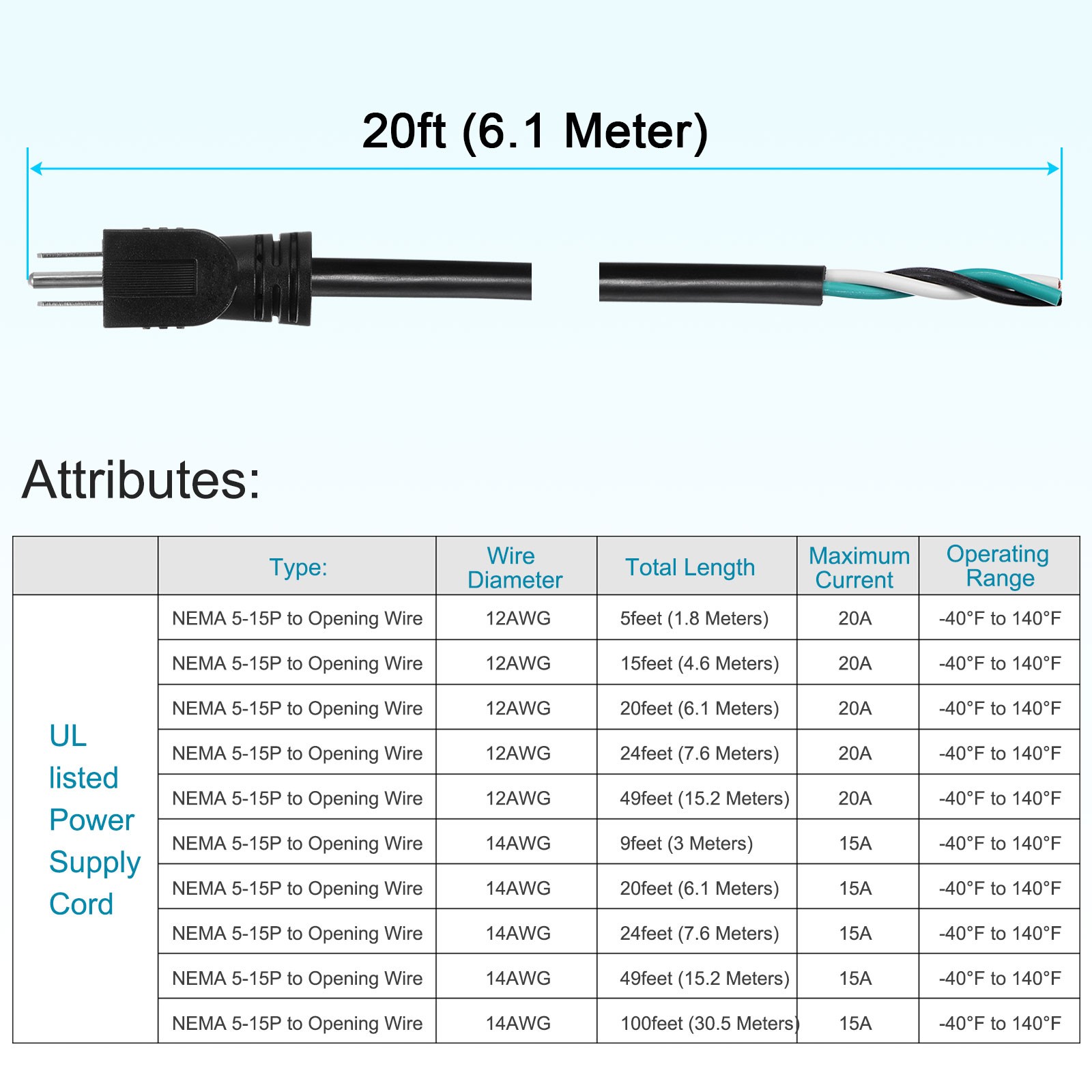 20ft 12 AWG AC Power Cord, Black gallery