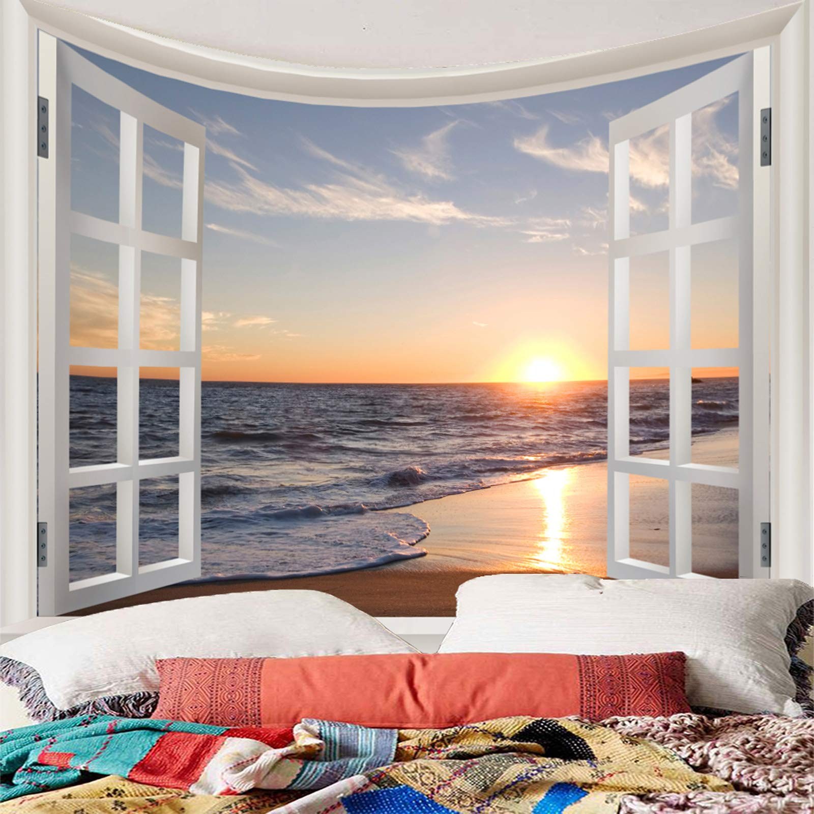 3D Ocean Tapestry Wall Hanging Sun Sunset Sea Beach Landscape Tapestry Window... gallery