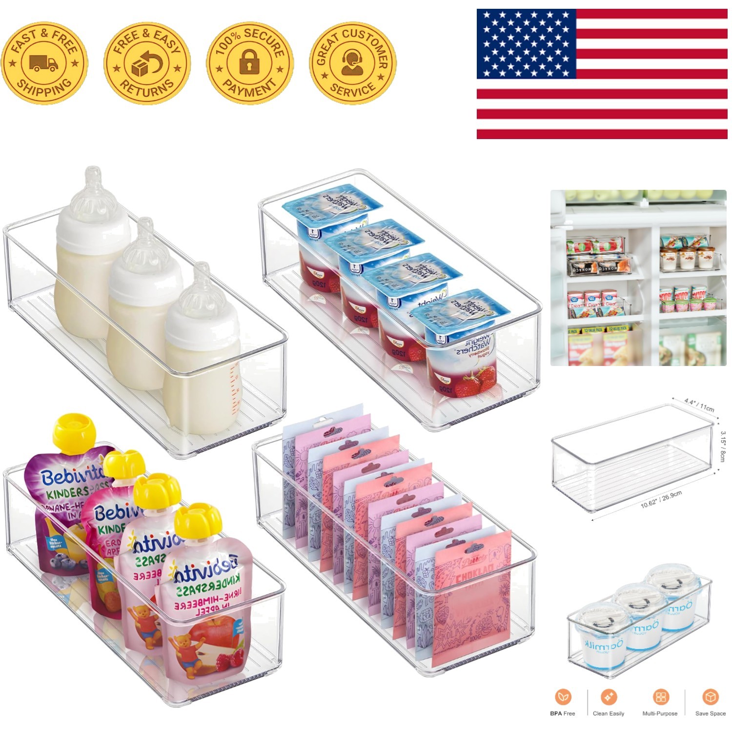 Compact 4 Pack Clear PET Storage Bins – Ideal for Fridge and Pantry Organization gallery