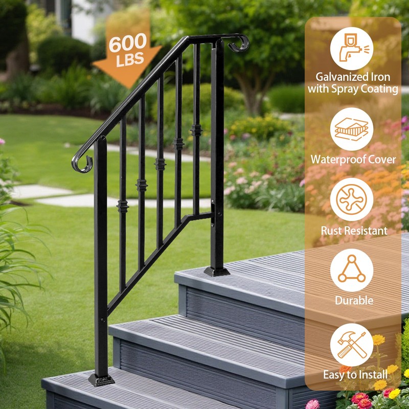 2-3 Steps Handrails Outdoor Matte Black Wrought Iron, Stair Railing Garden gallery
