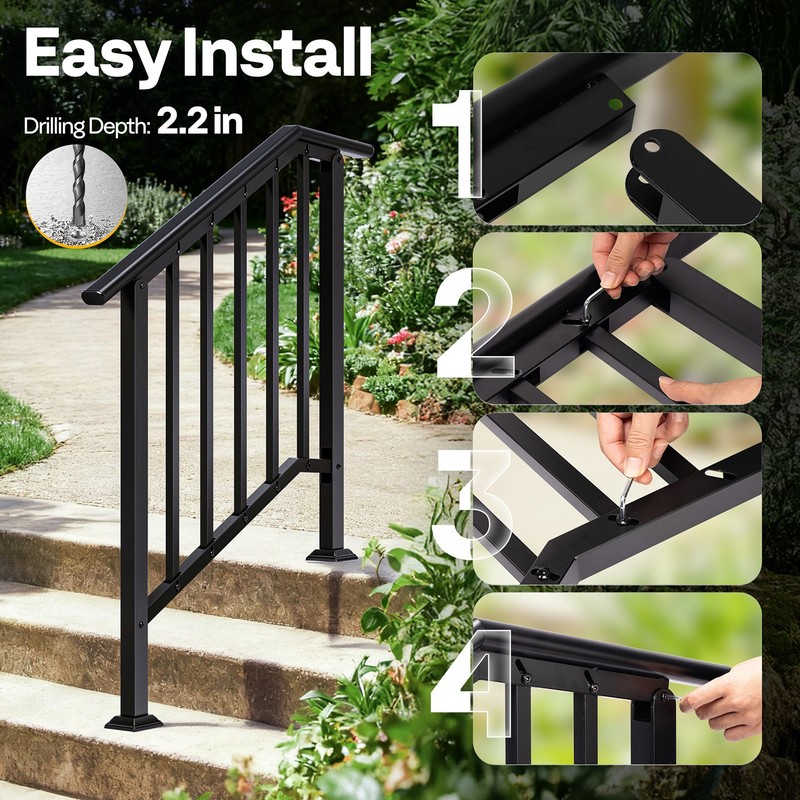 2Pack 3 Step Galvanized Steel Step Handrail Stair Railing Outdoor Deck Hand Rail gallery