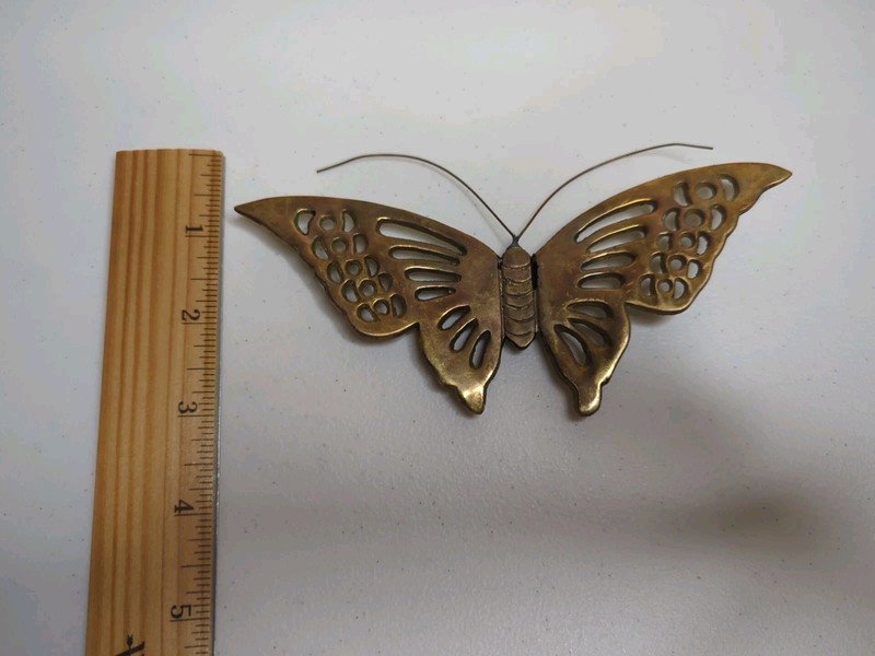 Vintage MCM Solid Brass Butterfly Wall Plaque Decor Lot Of 2 Wings Open Closed gallery