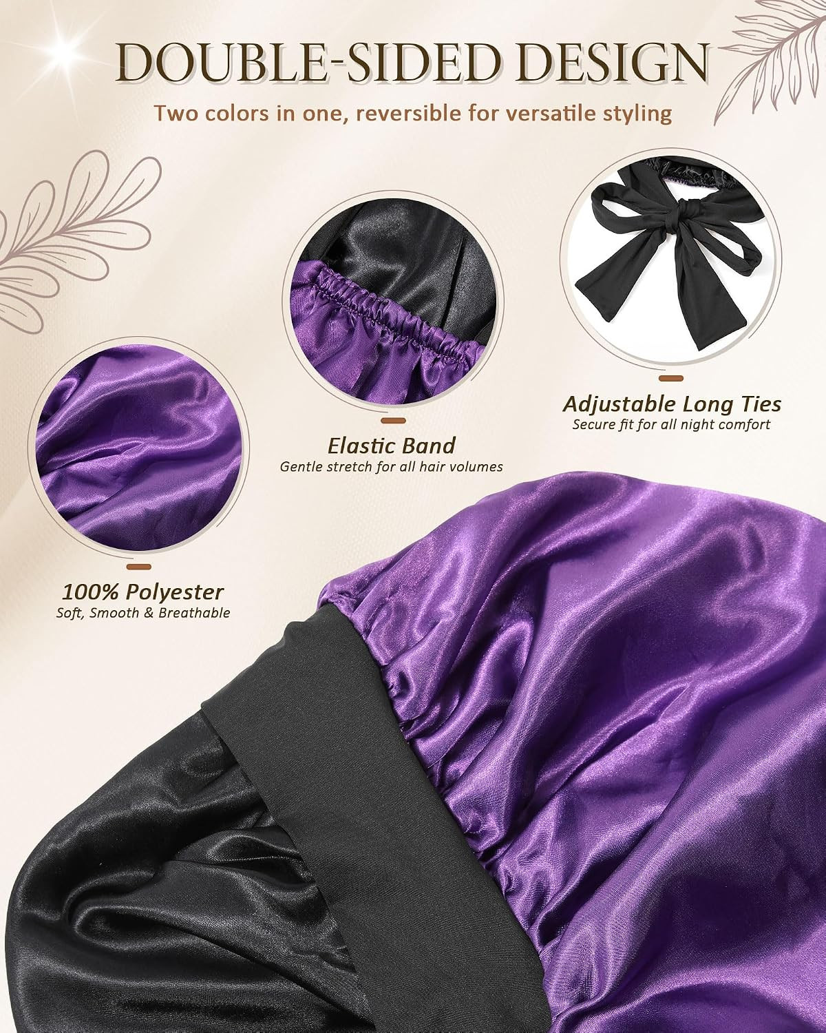 Long Satin Bonnet for Sleeping - Double Layer Reversible Silk Bonnet for Long Ha gallery