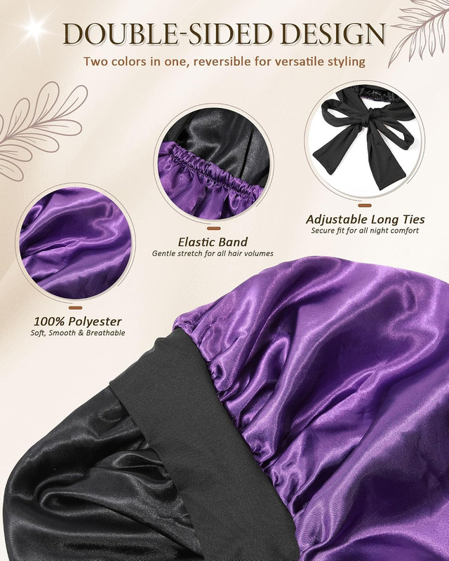 Long Satin Bonnet for Sleeping - Double Layer Reversible Silk Bonnet for Long Ha gallery