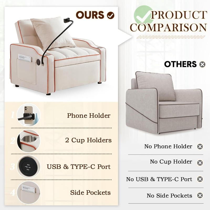 Convertible Sofa Bed 3-in-1 Pull Out Sleeper Chair with Type C & USB Ports gallery