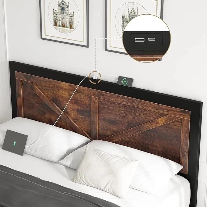 LED Bed Frame King Size with Charging Station Rustic Brown Wood Platform Bed NEW gallery
