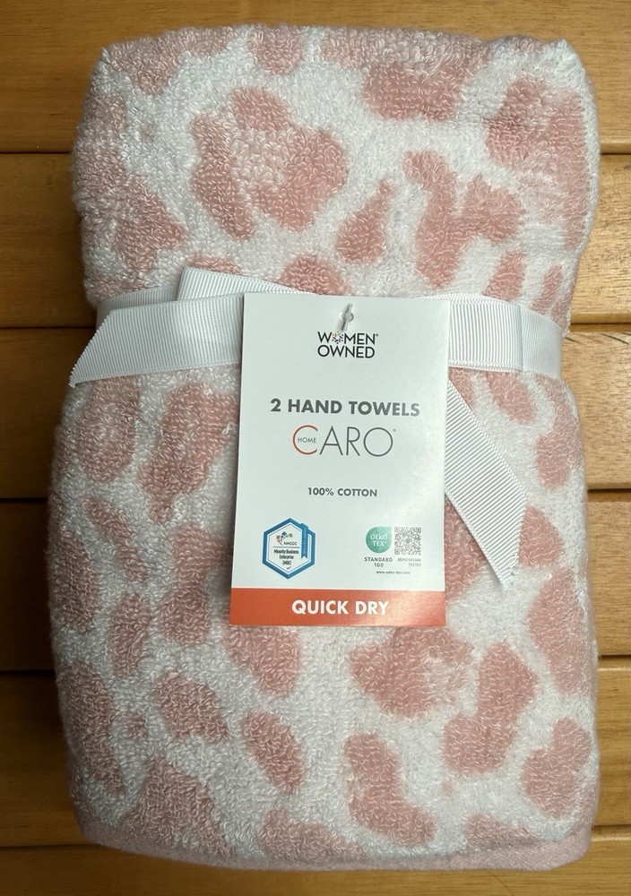 Caro Luxury Spa Big Fluffy Pink & White Leopard Print Hand Towel Set of 2
