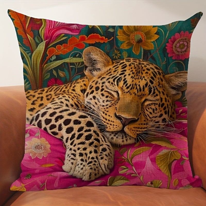 Leopard in Tropical Floral Pillow Cover Bohemian Jungle Animal Cushion Case Gift gallery