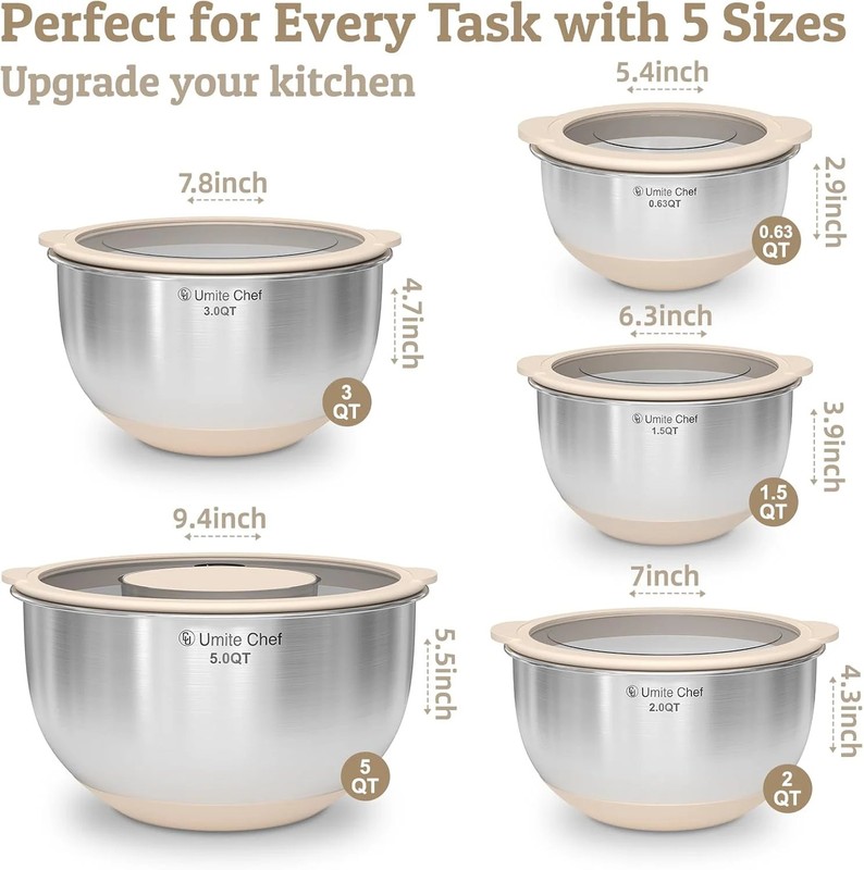 Mixing Bowles Set with Lids Set - Warp-Proof TPR-AS Lids, Stainless Steel Mixing gallery