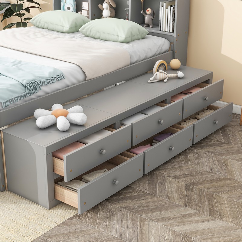 Wooden Full Size Bed Frame with Bookcase Storage Headboard and Drawers/Case Gray gallery
