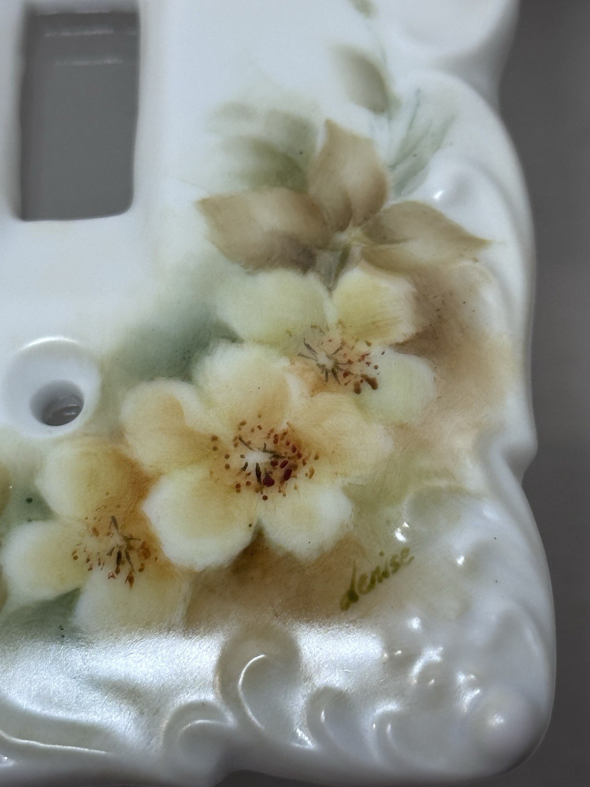 VTG Double Flip Light Switch Cover Ceramic Porcelain Yellow Green & White Signed gallery