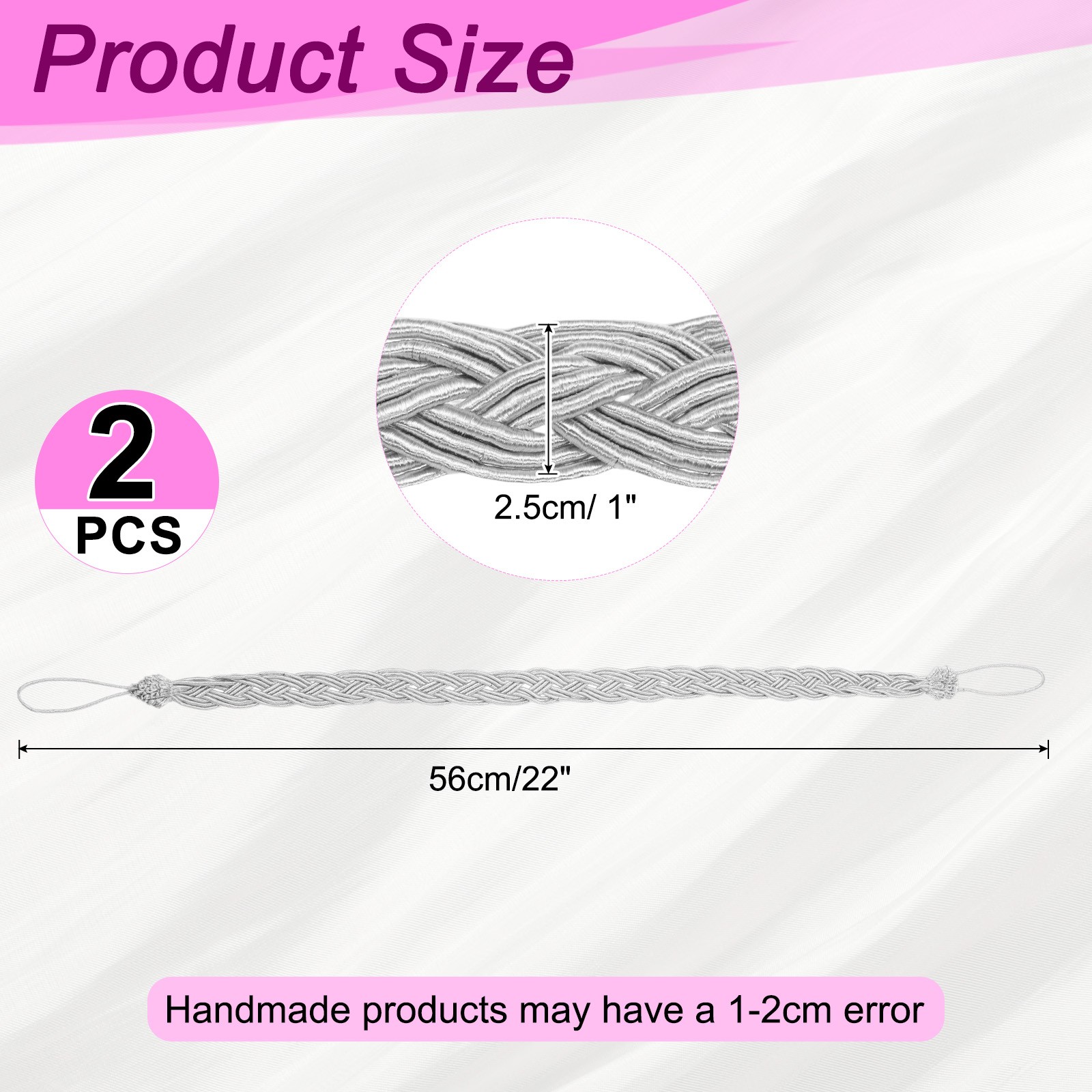 2Pcs Curtain Tiebacks 56cm/22" Braided Drapery Holdback Silver gallery