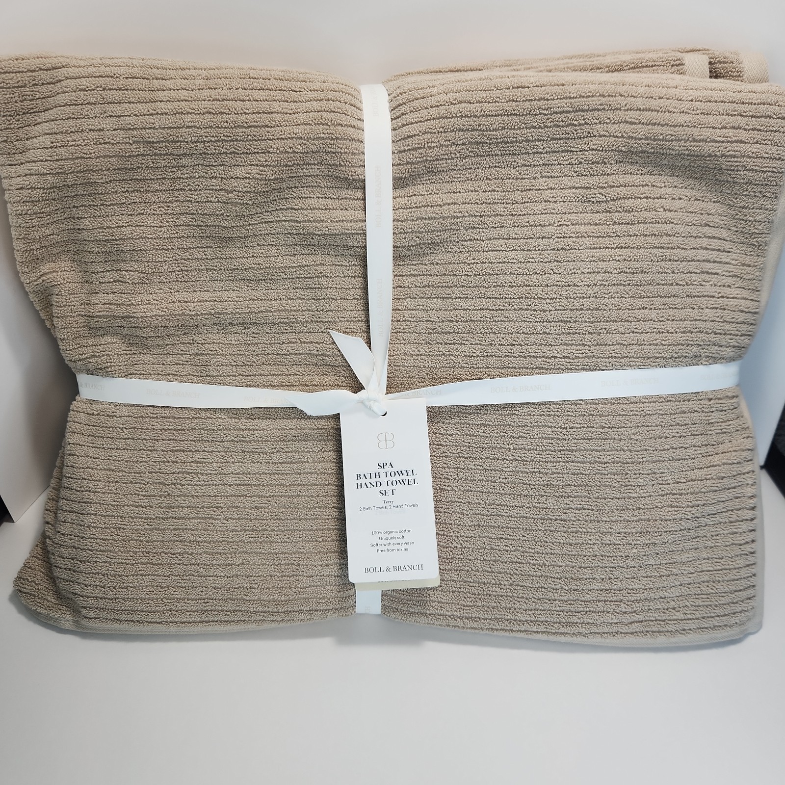 2 BOLL & BRANCH Spa Luxury Bath/Hand Towel Set Oak Beige 100% COTTON Textured gallery