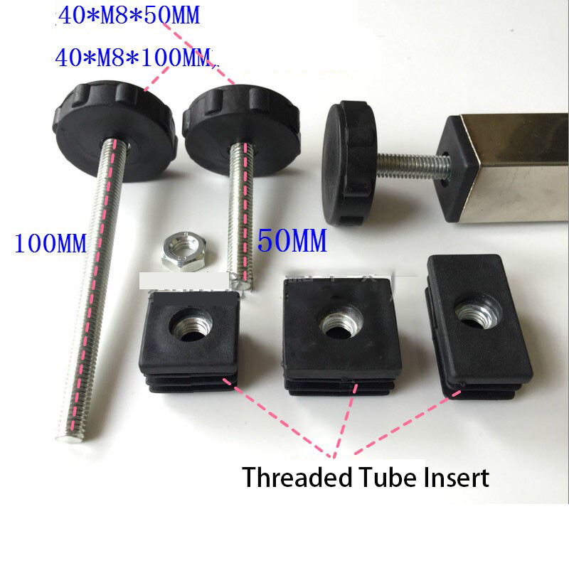 Adjustable Table Feet & Threaded Tube Insert Sets For Square Tube Black All Size gallery