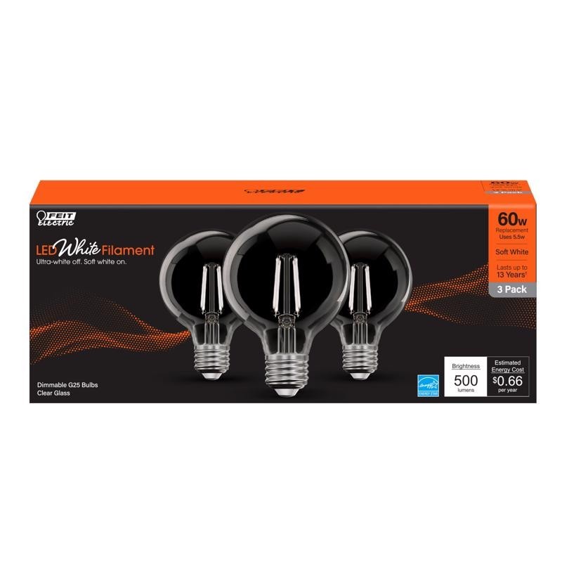 Feit White G25 E26 (Medium) Filament LED Bulb Soft White 60 Watt Equivalence 3pk gallery