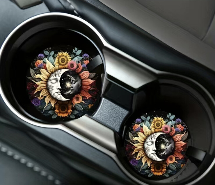 Sun and Moon Celestial Design Car Coasters 2 Pieces Durable Rubber Washable