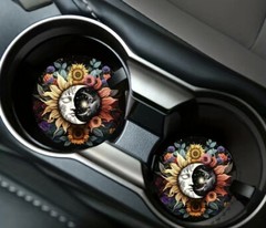 Sun and Moon Celestial Design Car Coasters 2 Pieces Durable Rubber Washable