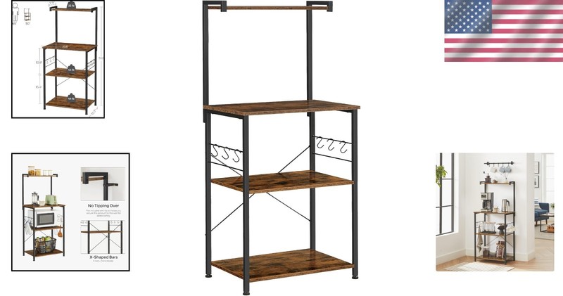 Rustic Brown & Black 3-Tier Bakers Rack with 6 S-Hooks - Stylish Kitchen Storage gallery