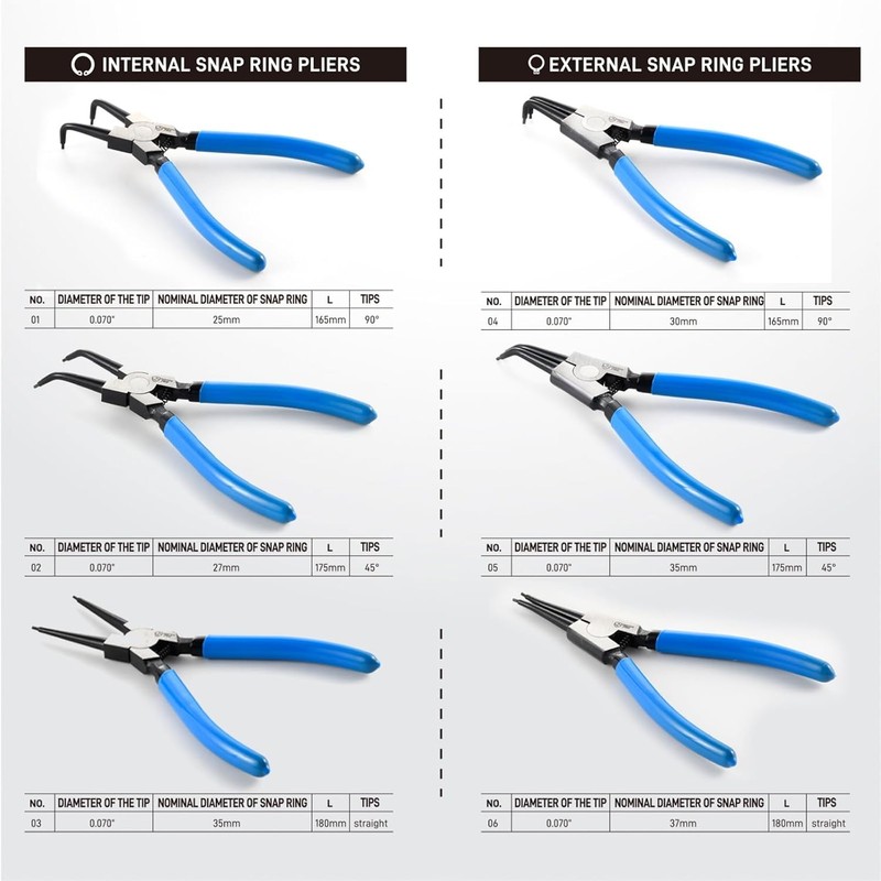 Precision 6PCS 7" Snap Ring Pliers Set - Complete 0°/45°/90° Angled Jaw Options gallery
