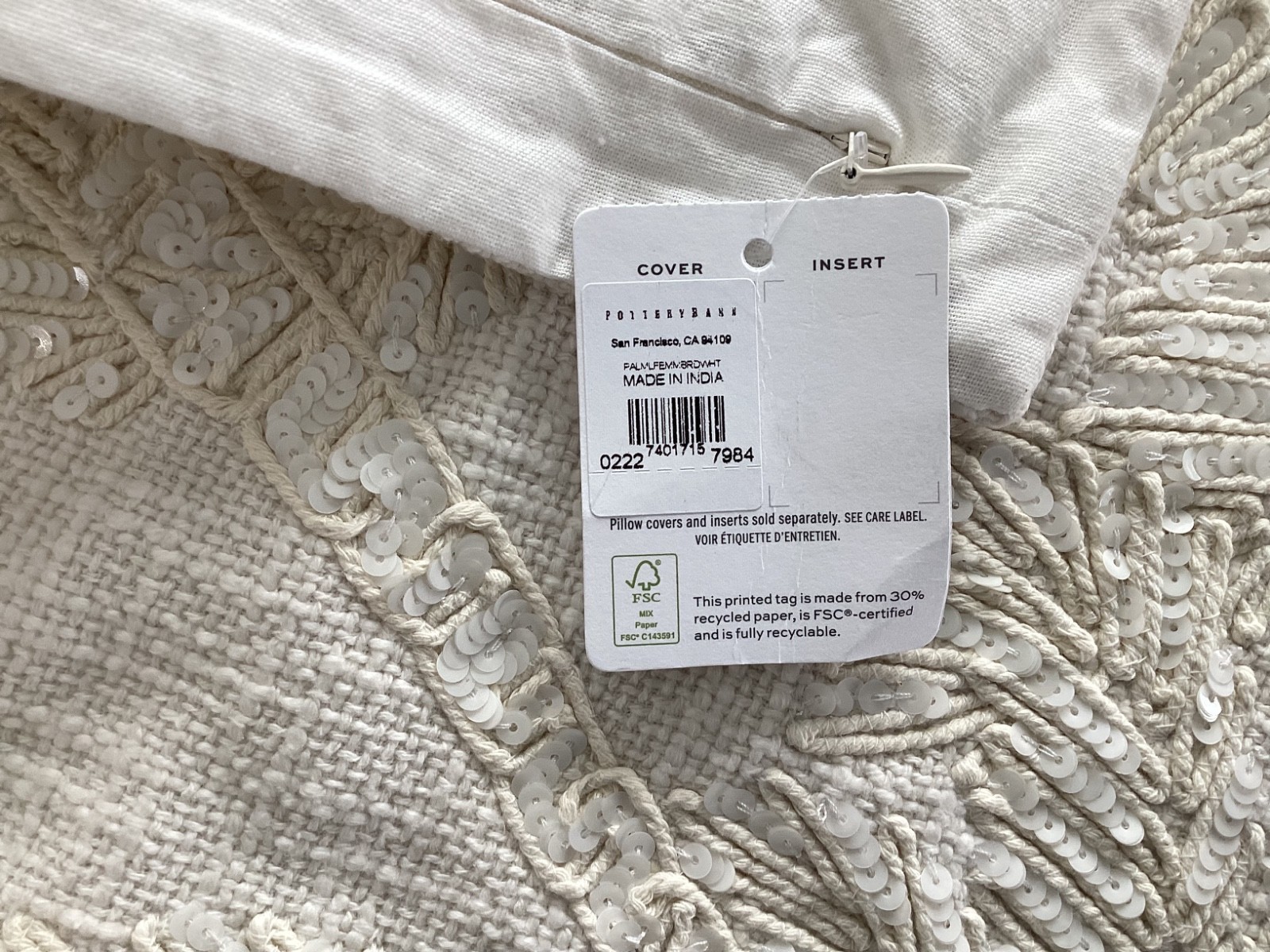 Pottery Barn Palm Leaf Embroidered Pillow ~ 20” SQ White ivory neutral gallery