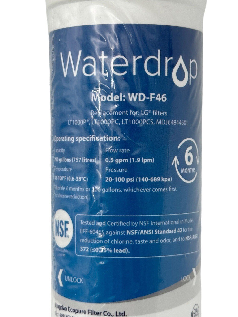 Waterdrop Model WD-F46 Refrigerator Water Filter Replacement New No Box Sealed gallery