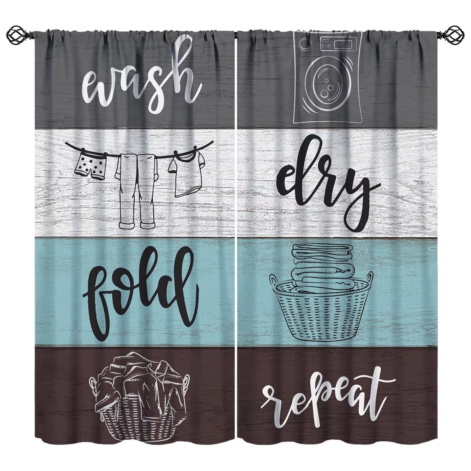 Laundry Room Curtains,Dry Wash Fold Repeat Grey Blue White Brown Farmhouse Wo... gallery