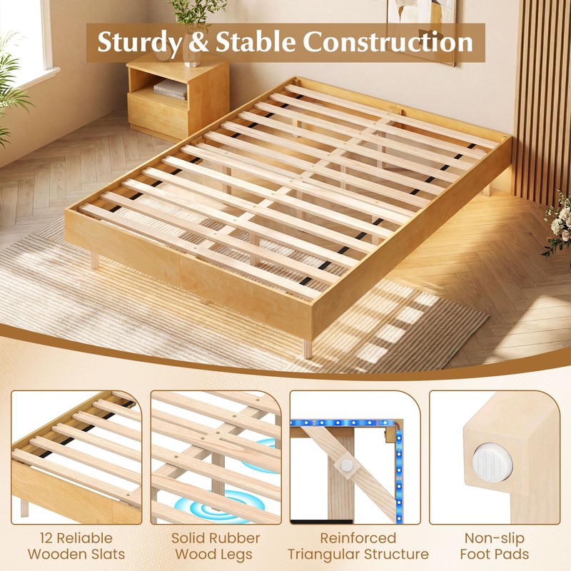 Full Size Floating Bed Frame with LED Lights, 12 Inch Modern Wood Platform Bed gallery