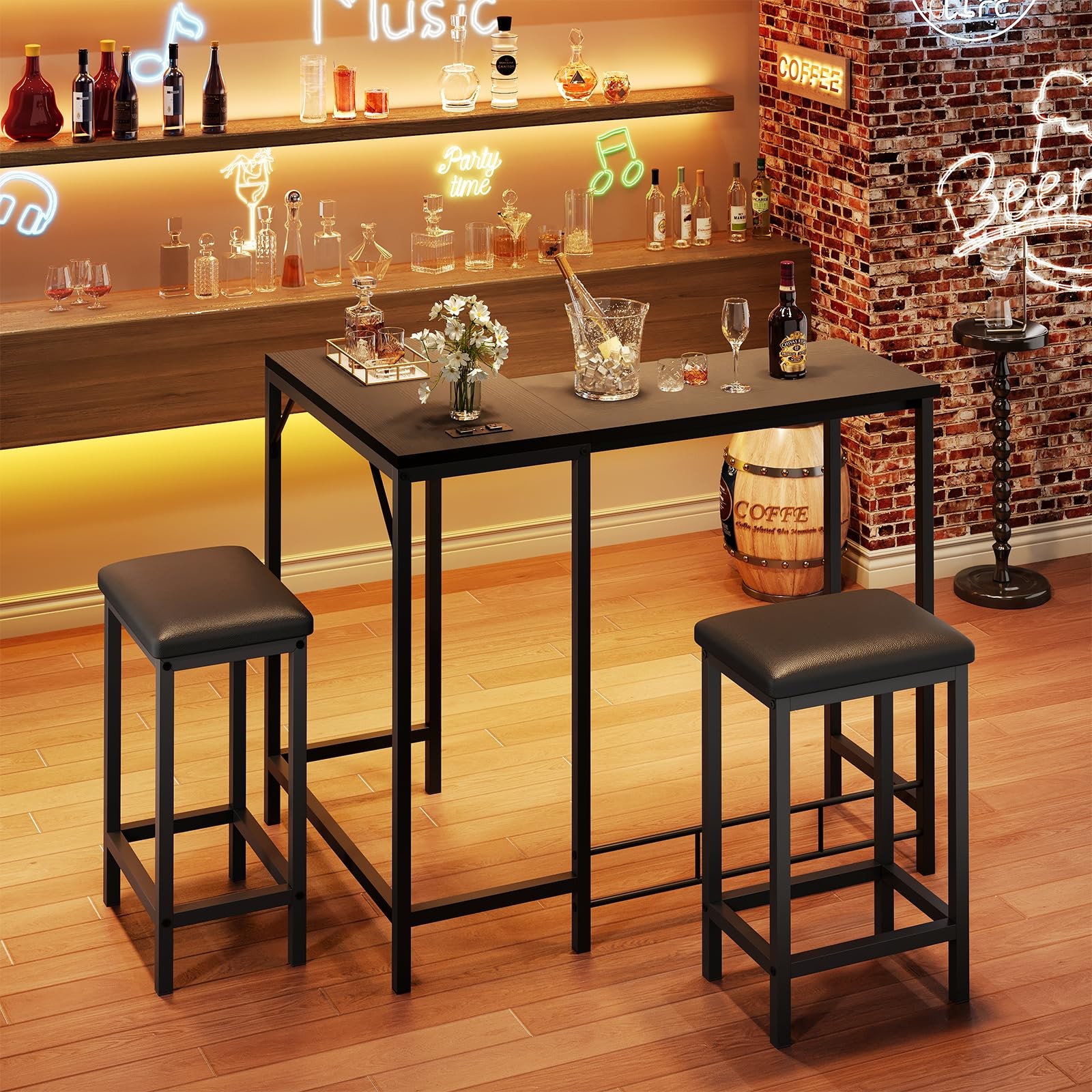 Bar Table and Chairs Set 63'' L-Shaped Bar Table with 2 Stools, Built-in Outlets gallery
