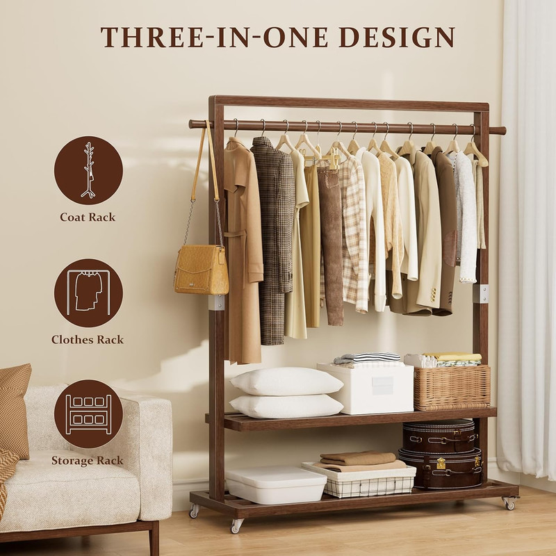 Versatile Solid Wood Clothes Rack with Wheels & Shelves - 220 Lb Capacity gallery