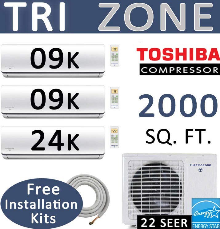 42000 BTU Tri Zone Ductless Mini Split Air Conditioner Heat : 9000 x 2 + 24000