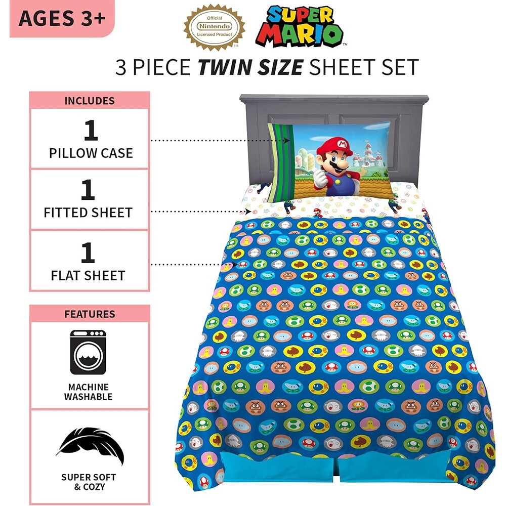 Super Mario Twin 3-Pcs Soft Microfiber Multicolor Bedding Sheet Set for Kids gallery