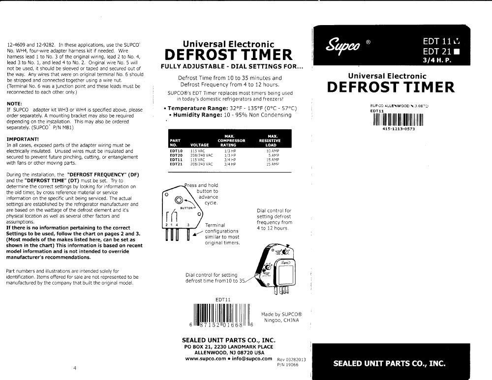 EDT11 SUPCO Refrigerator Defrost Timer Control Universal 120 Volt 15 Amp gallery