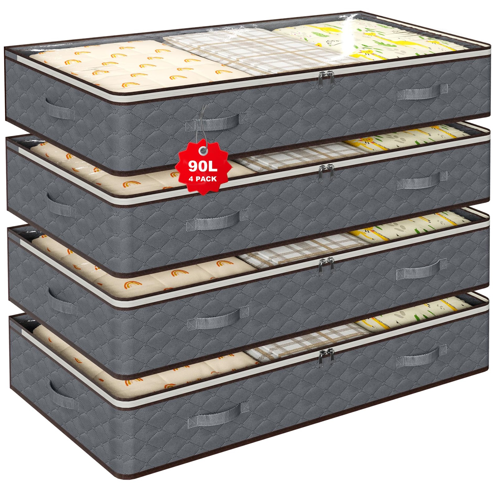 90L Under Bed Storage Bins, 4-Pack Transparent Organizers with Lids, Grey gallery