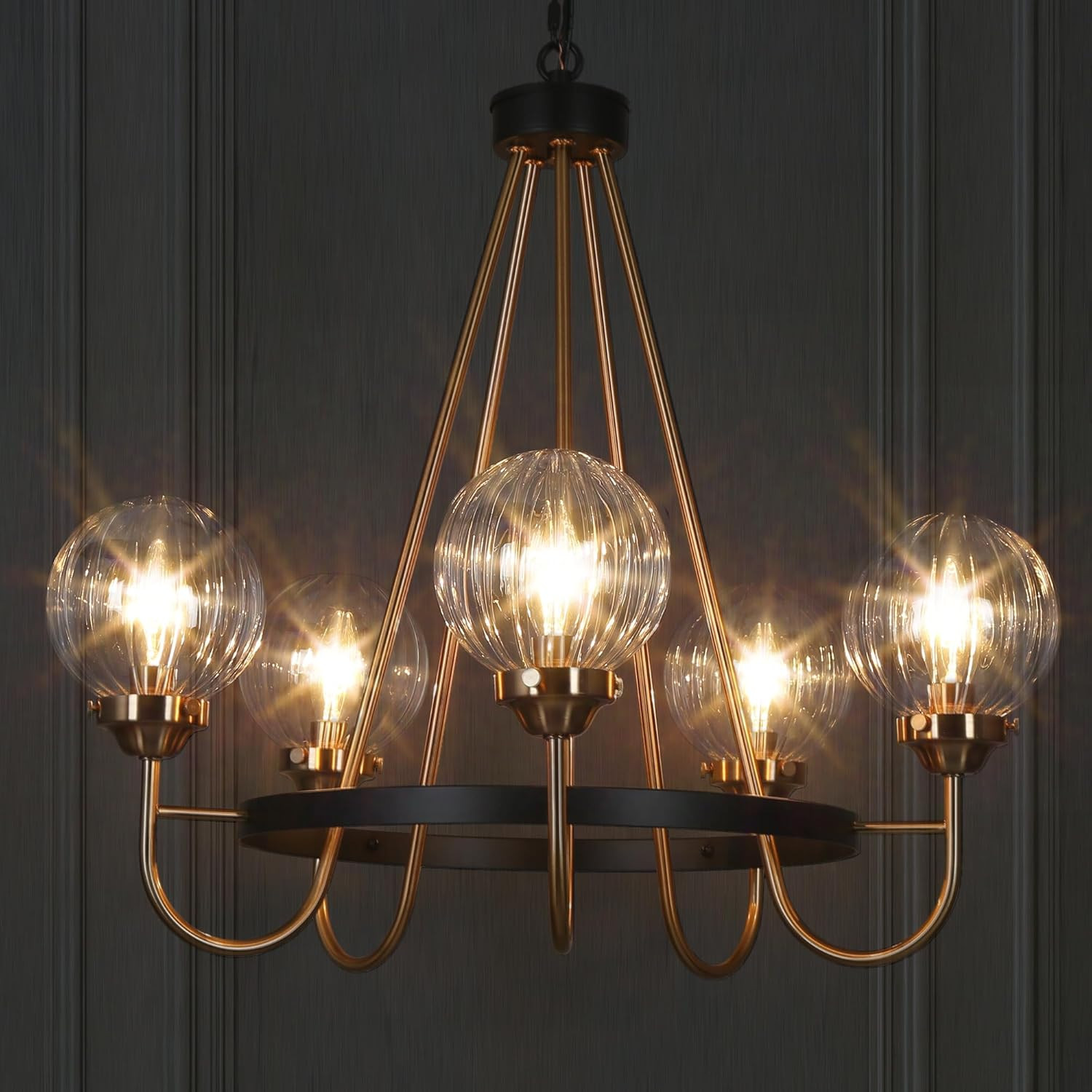 Modern 5-Light Black Gold Chandelier with Ribbed Glass for Dining & Living Room gallery