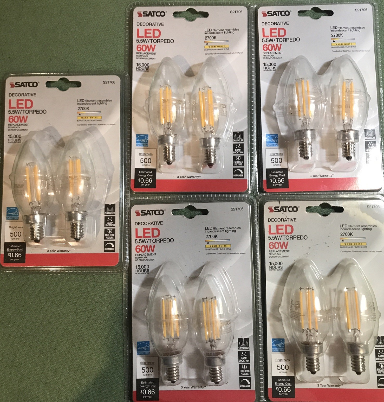 10-(5-2packs)Satco Bulbs Clear 60 Watts (5.5) Dimmable,500 Lumen,candelabra Base gallery
