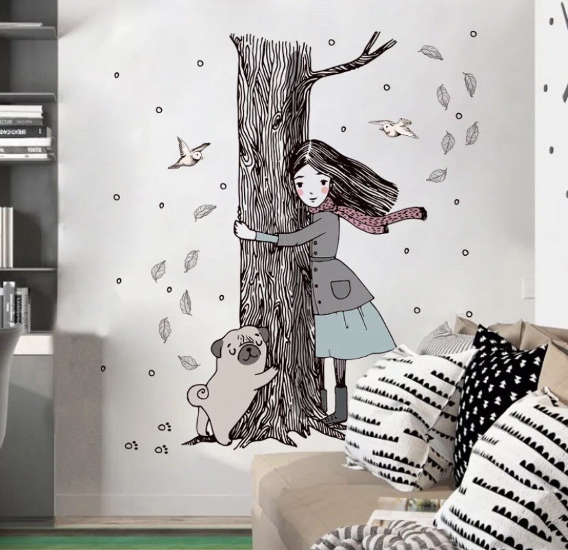 Ex Large High quality PVC Removable girl, dog, tree wall Decals for kids room gallery