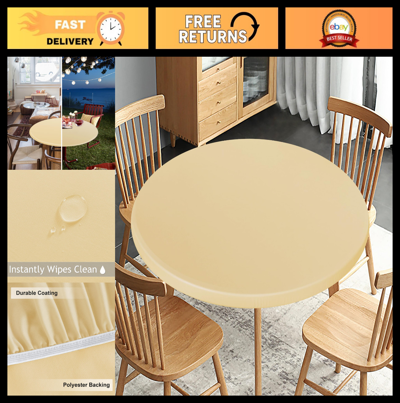 Reversible Waterproof Round Tablecloth - Elastic Stretch, Stain Resistant, 30"-3 gallery