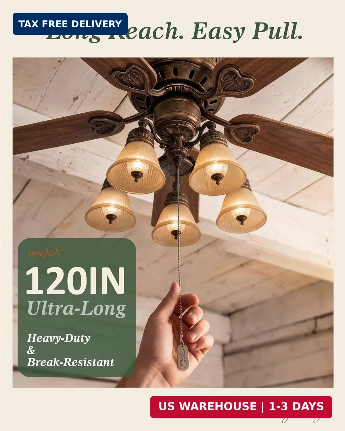 120-Inch Extra Long Ceiling Fan Pull Chain Extender, Premium Ball Chain with 12 gallery