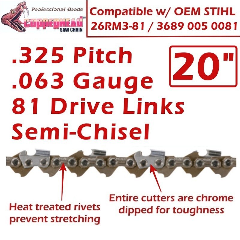 COPPERHEAD 20" BAR, CHAINSAW CHAIN & FILE FOR STIHL MS261 MS271 MS291 - 26RM3-81 gallery
